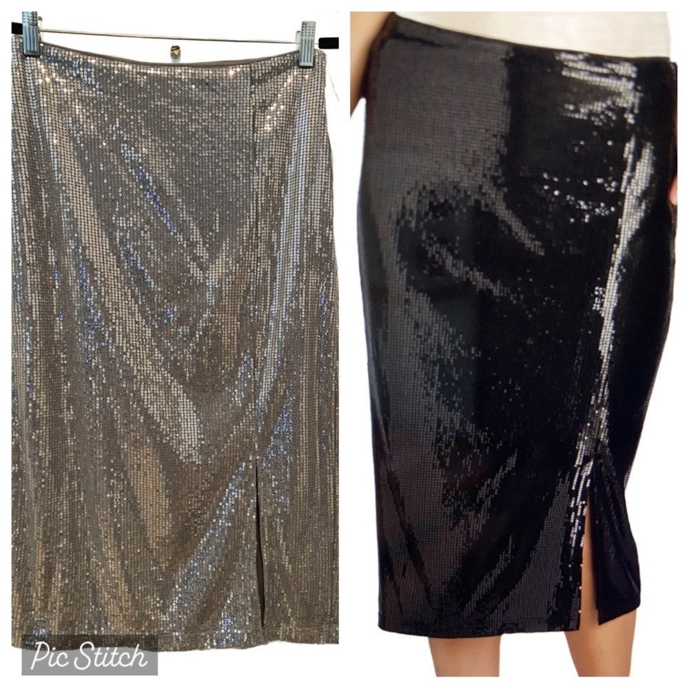 Time and Tru Lined Silver Sequin Pencil Skirt With Side Slit Silver S New